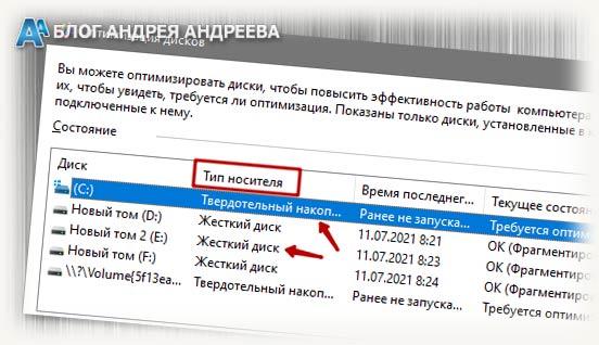 Тип носителя через опцию дефрагментация