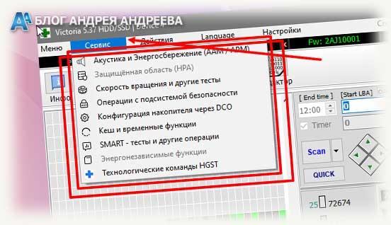 Вкладка сервис в HDD виктория