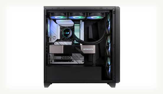 Корпус D5 InWin вид сбоку с комплектующими и водяным охлаждением