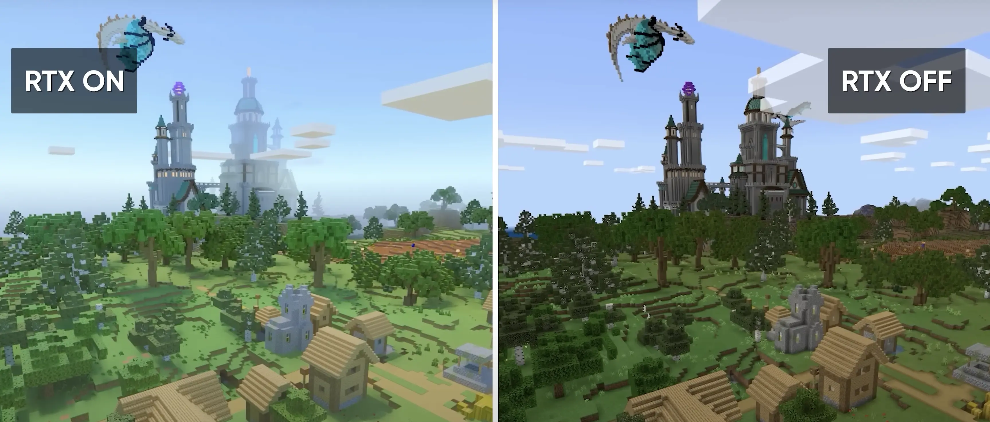 Minecraft: слева RTX включен, справа отключен